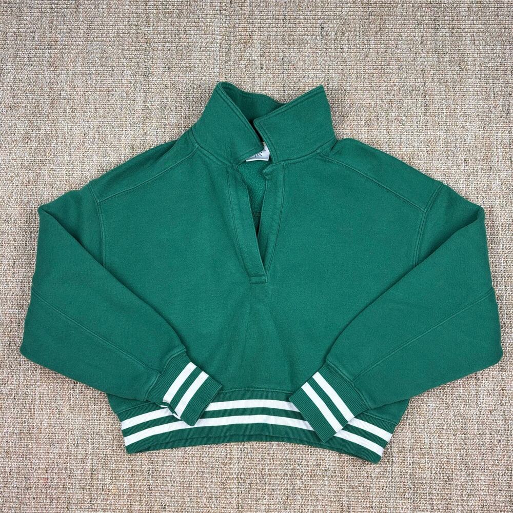๐ Offline by Aerie Cropped Quarter-Zip Sweatshirt | Size XS | Green/White - Picture 1 of 7